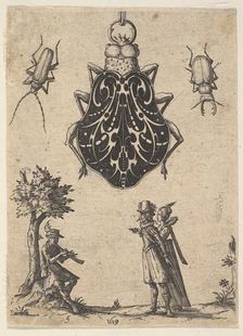 Pendant Shaped like a Beetle with a Couple and a Young Man Playing an Instrument, 1619. Creator: Jean Toutin