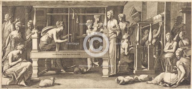 Penelope and Her Maids Weaving, c. 1545. Creator: Master FG.