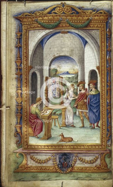 Penelope writing, Telemachus and Laertes (Illustration for The Heroides by Ovid), 1485-1499. Artist: Majorana, Cristoforo (active ca. 1480-1494)