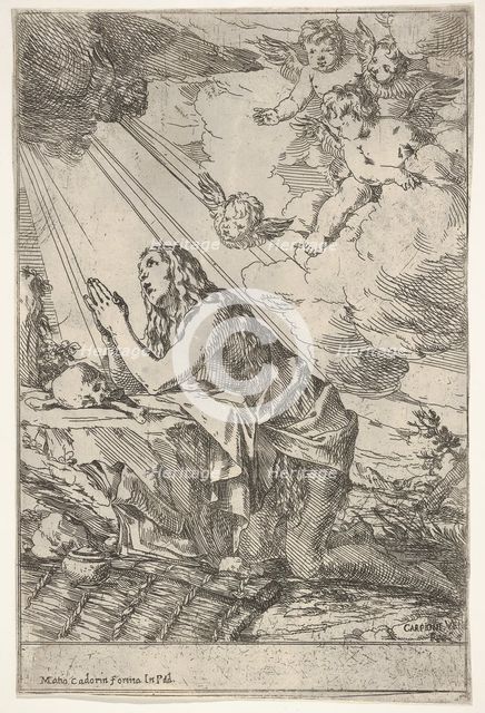 Penitent Magdalen kneeling on a rocky ground before a skull and bones, an ointment ..., ca. 1640-55. Creator: Giulio Carpioni.