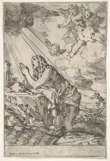 Penitent Magdalen kneeling on a rocky ground before a skull and bones, an ointment ..., ca. 1640-55. Creator: Giulio Carpioni