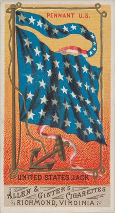Pennant U.S., United States Jack, from Flags of All Nations, Series 1 (N9) for Allen & Gin..., 1887. Creator: Allen & Ginter