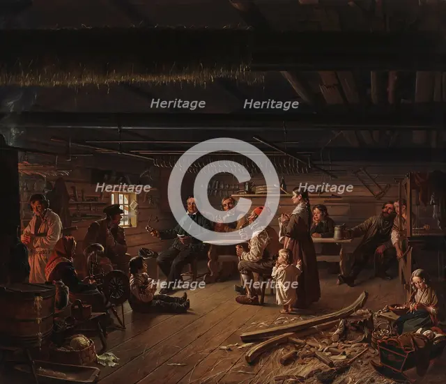 Pentti Lyytinen Recites Poems in a Cottage in Savo, 1848. Creator: Robert Wilhelm Ekman.