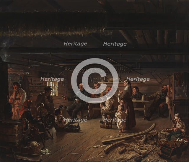 Pentti Lyytinen Recites Poems in a Cottage in Savo, 1848. Creator: Robert Wilhelm Ekman.