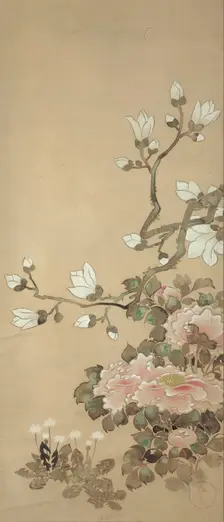 Peonies, Magnolia, and Dandelions, 18th century. Creator: School of Tawaraya Sôtatsu