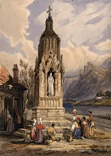 People near a river praying before the figure of a saint on a memorial cross. Creator: Unknown