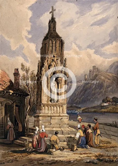 People near a river praying before the figure of a saint on a memorial cross. Creator: Unknown.