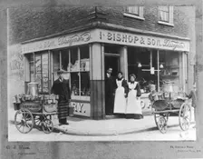 People outside the Bishop & Son Dairymen, Blackfriars Road, City of London, (c1900?). Creator: Unknown