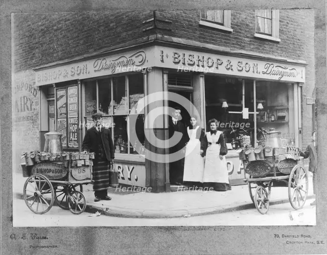 People outside the Bishop & Son Dairymen, Blackfriars Road, City of London, (c1900?).  Creator: Unknown.
