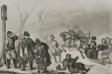 People on skates and on a horse drawn sleigh, Russia, 1839. Creator: Augustin François Lemaitre