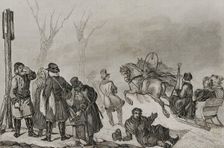 People on skates and on a horse drawn sleigh, Russia, 1839. Creator: Augustin François Lemaitre