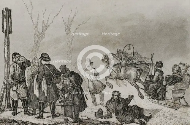 People on skates and on a horse drawn sleigh, Russia, 1839. Creator: Augustin François Lemaitre.