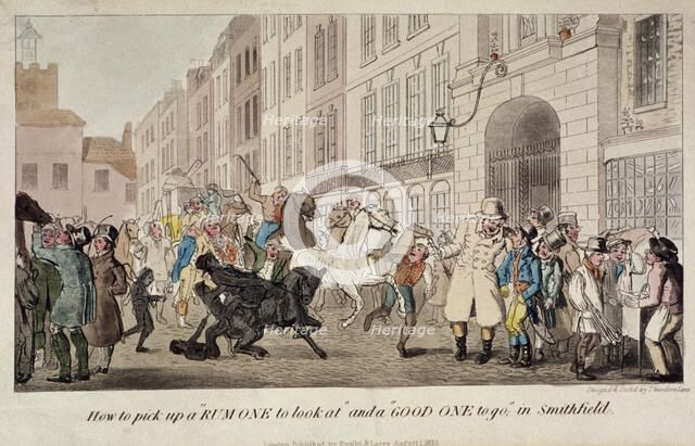 People bargaining for mounts at West Smithfield, London, 1825. Artist: Theodore Lane