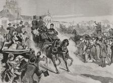 People clapping for King Alfonso XII on his way to the Basilica of Atocha, the day after...1878. Creator: Bernardo Rico