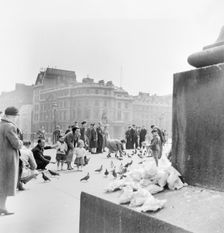 People feeding pigeons in Trafalgar Square, City of Westminster, London, c1950. Creator: Henry Grant