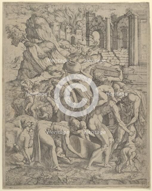People Fleeing a Burning City, 16th century., 16th century. Creator: Anon.