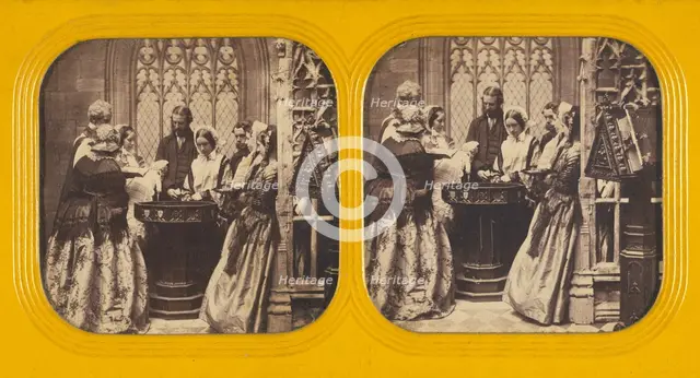 People in a church watching a baby's Baptism, 1860s. Creator: Charles Gaudin.