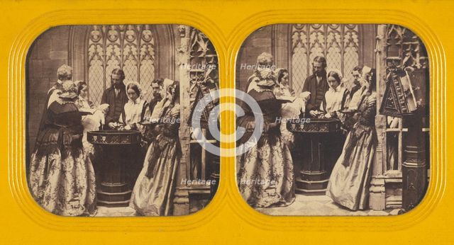 People in a church watching a baby's Baptism, 1860s. Creator: Charles Gaudin.
