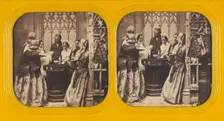 People in a church watching a baby's Baptism, 1860s. Creator: Charles Gaudin