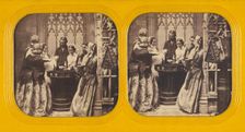 People in a church watching a baby's Baptism, 1860s. Creator: Charles Gaudin