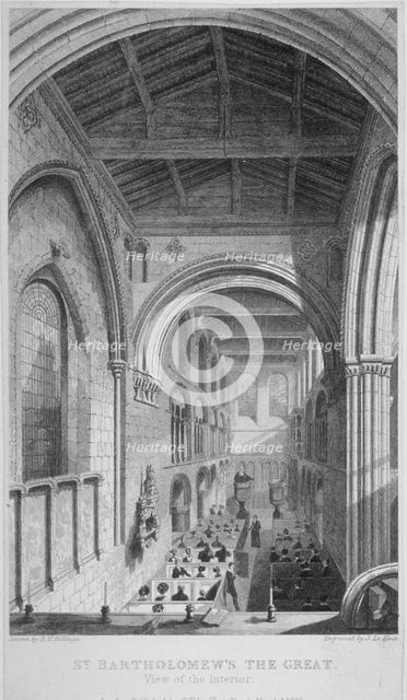 People in pews inside the Church of St Bartholomew-the-Great, Smithfield, City of London, 1837. Artist: John Le Keux