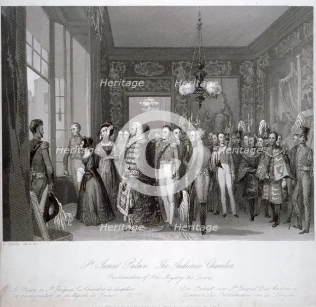 People in the the audience chamber in St James's Palace, Westminster, London, 1837. Artist: Harden Sidney Melville       