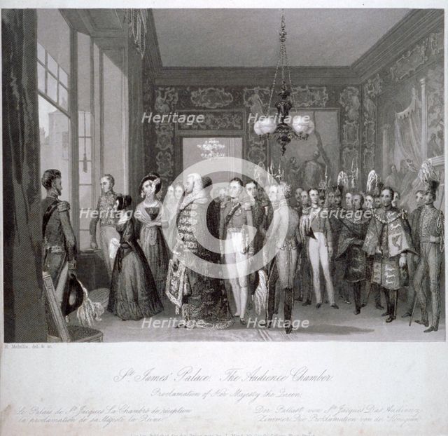 People in the the audience chamber in St James's Palace, Westminster, London, 1837. Artist: Harden Sidney Melville       