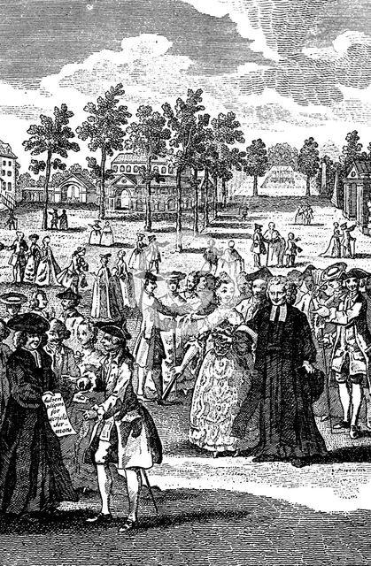 People in the gardens of a stately home, 18th centuy. Artist: Unknown