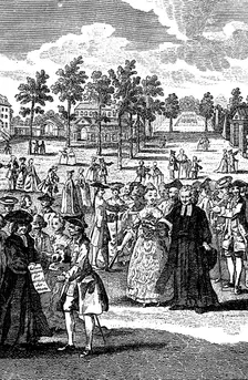 People in the gardens of a stately home, 18th centuy