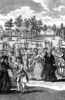 People in the gardens of a stately home, 18th centuy