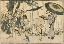 People in the rain, 1819, (1924). Creator: Hokusai