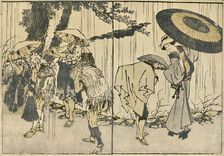 People in the rain, 1819, (1924). Creator: Hokusai