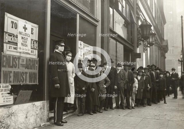 People line outside a store to buy face masks, 1 October 1918, 1918. Creator: Dobbin, Hamilton Henry (1856-1930).