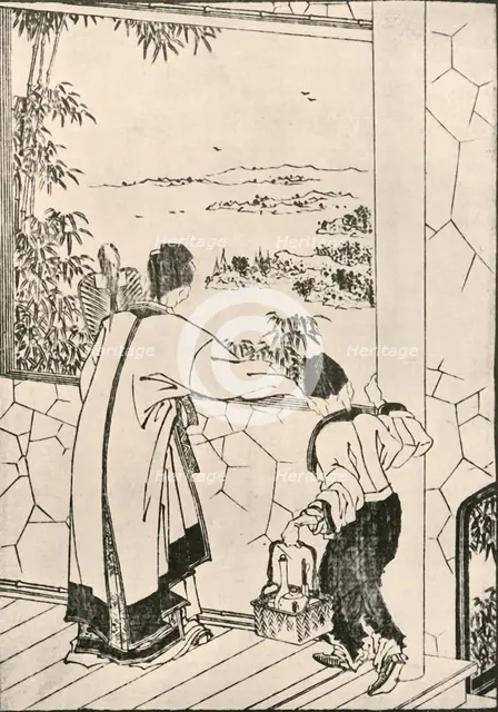 People looking out of a window, late 18th-early 19th century, (1924). Creator: Hokusai.