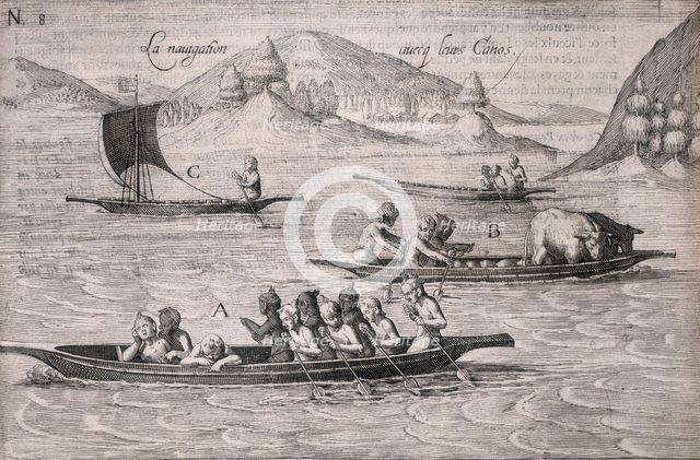 People paddling a canoe, 1605. Creator: Unknown.