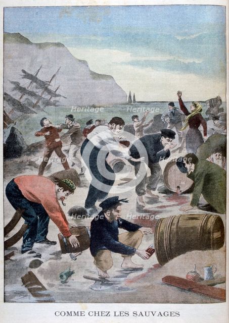 People salvaging items from a shipwreck on the Isle of Wright, 1902. Artist: Unknown