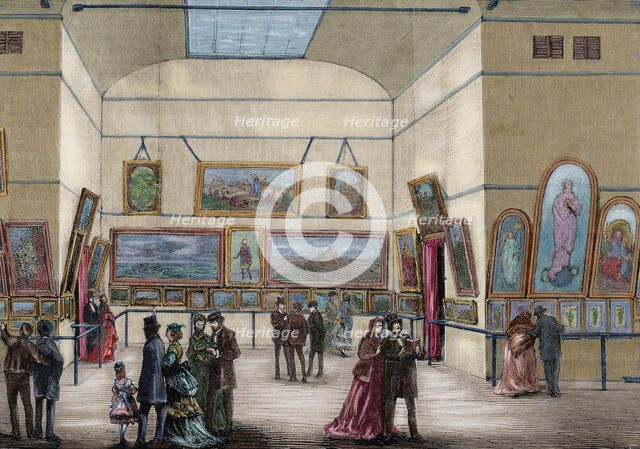 People visiting an exhibition of Fine Arts, Barcelona, Spain, 1870. Creator: Capuz.