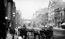 People walking down Farringdon Street looking towards Holborn Viaduct, City of London, 1890