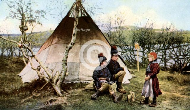 People with a traditional tent, Lapland, Sweden, c1923. Artist: Unknown