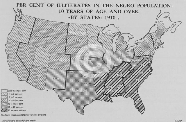 Per cent of illiterates in the Negro population; 10 years of age and over, by States; 1910, 1920. Creator: Unknown.