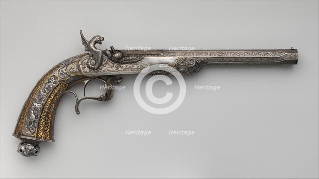 Percussion Exhibition Pistol, French, dated 1851. Creators: Lepage Moutier, Antoine Vechte, Léopold Bernard.