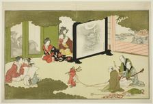 Performance of a Trained Monkey, from an illustrated poetry anthology entitled "The Young..., 1789. Creator: Kitagawa Utamaro
