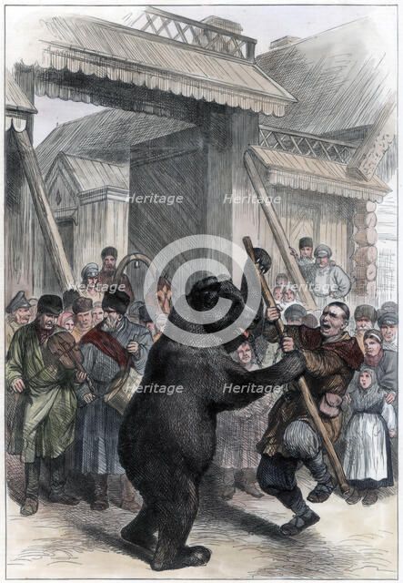 Performing bear in a Russian village, 1877. Artist: Unknown