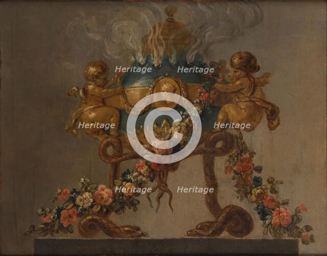 Perfume-burner supported by amorini and serpents and garlanded with flowers, 18th century. Creator: French Painter , 18th century .
