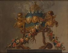 Perfume-burner supported by amorini and serpents and garlanded with flowers, 18th century. Creator: French Painter , 18th century