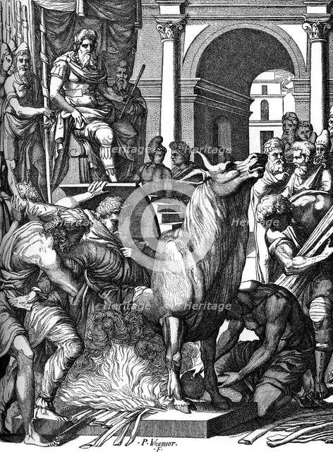 'Perillus condemned to the bronze bull by Phalaris', 16th century, (1870). Artist: Pierre Woeiriot de Bouze