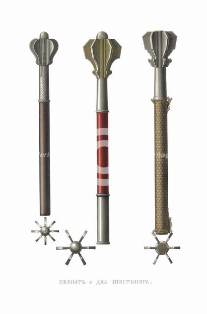 Pernach and two shestopyors. From the Antiquities of the Russian State, 1849-1853. Creator: Solntsev, Fyodor Grigoryevich (1801-1892).