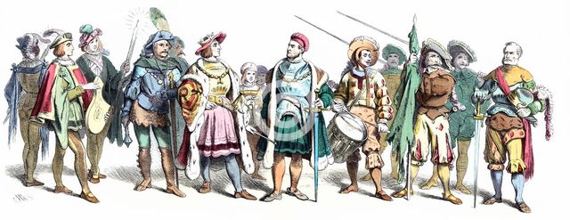 Personages from the time of Maximilian I, early 16th century, German engraving 1860.