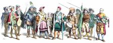 Personages from the time of Maximilian I, early 16th century, German engraving 1860