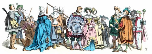Personages from the time of Maximilian I, late 15th century, German engraving 1860.